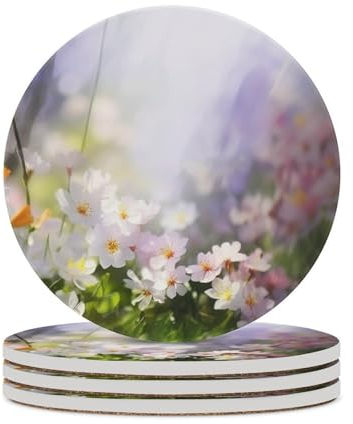 Untersetzer mit Frühlingsblumen, saugfähig, Keramik-Stein, Getränkeuntersetzer mit Halter, Keramik-Untersetzer mit Korkboden, 10,2 cm, Tischschutzmatte für Heimdekoration, Küche, Bar