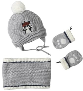 Vertbaudet Jungen Baby-Set: Mütze, Rundschal & Fäustlinge, Panda grau meliert 62/68