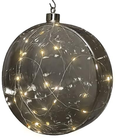 LED Glas Disc 12 cm warm weiß beleuchtet - transparent anthrazit - Weihnachtsdeko Kugel Batterie betrieben mit Timer - Weihnachten Advent Deko Beleuchtung Stimmungslicht (grau)