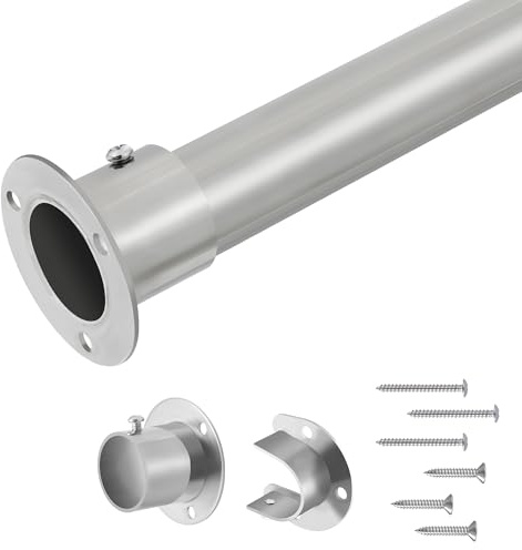 32mm Extendable Wardrobe Rail Silver, Heavy Duty Wardrobe Hanging Rail, Stainless Steel Wardrobe Pole with Bracket & Screws（74-160cm）