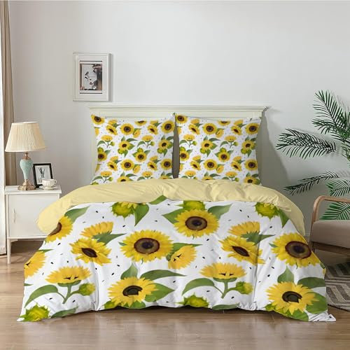 Qiwagu Bettwäsche 155x220 Weiß, Gelbe Blumen Bettwäsche-Sets aus Weiche Atmungsaktiv Microfaser, Bügelfrei Wendebettwäsche Bettbezug 155x220 und 2 Kissenbezüge 80x80 cm für Einzelbett