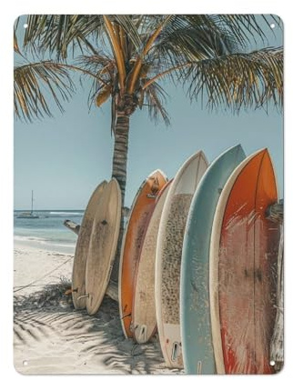 ODHHGDF Rustikales Metall-Blechschild, Strand, Surfbrett, Palme, Wandkunst, schöne Landschaft, Malerei, Bilder für Zuhause, Schlafzimmer, Dekoration, 30,5 x 40,6 cm