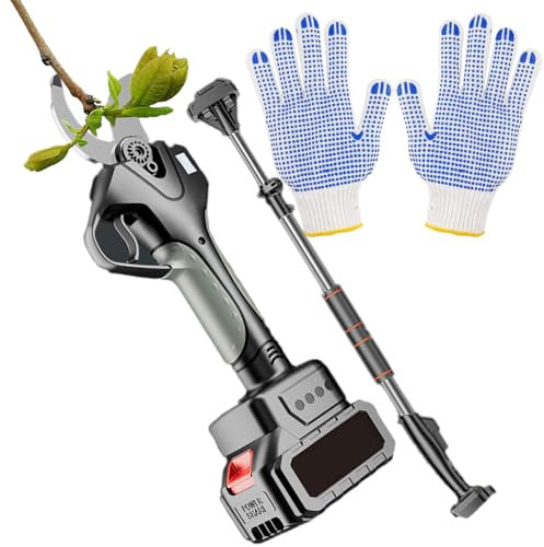 LJPZYOY Tijeras de podar eléctricas de 40 mm, con pértiga telescópica Ajustable de 130-210 cm, Tijeras de podar inalámbricas Recargables para jardín con Pantalla Digital