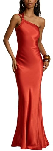 owsber Abiti da cocktail da donna 2024 autunno senza maniche monospalla asimmetrica abiti casual lunghi, Rosso, S