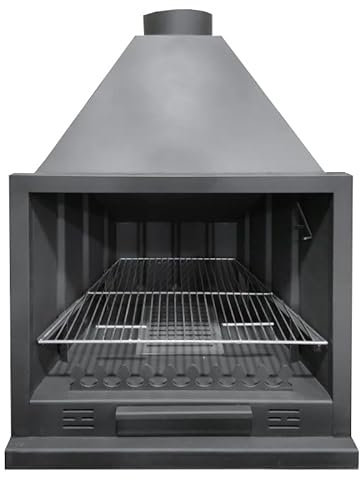MF - Barbacoa de Leña para Interior Modelo A100 de 109,5 x 52 x 142 cm en Acero con Rejilla de Hierro Fundido, Parrilla de Asado, Control de Tiro y Pintura Negra Anticalórica