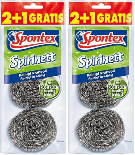Spontex Spirinett Edelstahlspiralen, ideal für hartnäckigen Schmutz in Töpfen und Pfannen, aus rostfreiem Recycling-Edelstahl (1 x 3 Stück) | 3 Stück (2er Pack)