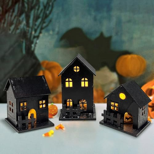 Déco Halloween Intérieur - Miniature Maison Noire - Decoration Halloween Table avec LED - Village De Noël Kit - Décor Automne Lampe Enfant - Lanterne Fête - Mini Maison Bois & Lumières Noël 2025