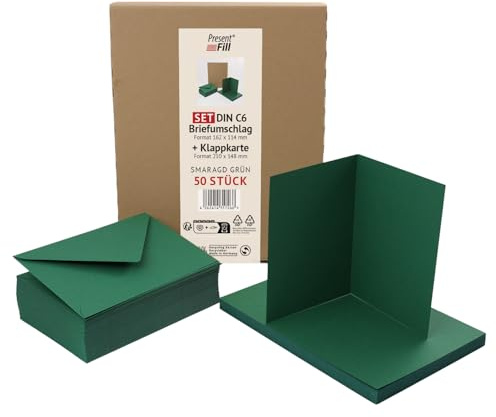 PresentFill 50er Set blanko Falt-Karten inkl. Briefumschläge ohne Fenster Smaragd Grün I Klappkarten DIN A6 I Umschläge C6 I Made in Germany I 100% Recycling Kraftpapier I Blauer Engel zertifiziert