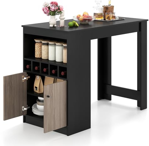 GIANTEX Table de Bar avec Rangement Latéral, Table Haute Cuisine, Casier à Vin, Compartiments Ouverts, Armoire Fermée avec Étagère Réglable, Mange Debout Cuisine pour Petits Espaces