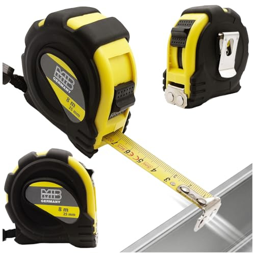 MIB Taschenrollbandmaß 8 m | Maßband 8 m | Rollmaßband | Bandmaß | Magnetischer Endhaken & Gürtelclip | Feststeller & Rücklauf | 2-seitige Skala | 16 mm Bandbreite | Für Heim & Handwerk