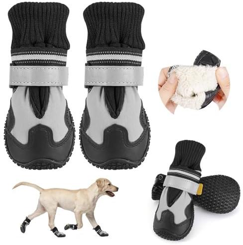 Eyein Hundeschuhe Pfotenschutz Winter, 4 Stück Wasserabweisend Windschutz Hundeschuhe mit warmem Fleece und hohem Design, Reflektierende und rutschfeste Hunde Schuhe Outdoor (Größe 3, Schwarz Nähte)