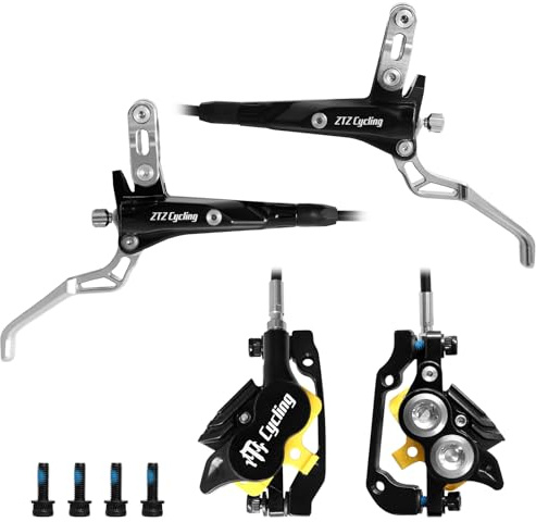 MTB Hydraulic Disc Brake Set 4 Pistons Front 850mm and Rear 1580mm Hydraulic Brakes with Aluminum Alloy Lever with Caliper Ceramic Brake Pad Fit Mountain Bike, Ebike, Fat Bike(Pre-Bled) (Black)