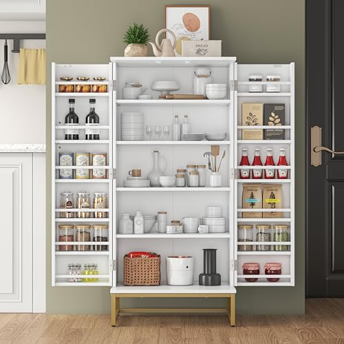 cointwo 51-Zoll Küchenschrank, Vorratsschrank mit Türen & verstellbaren Regalen, freistehender Küchenaufbewahrungsschrank für Küche, Wohnzimmer und Esszimmer, Gold, 45 x 16.5 x 114 cm