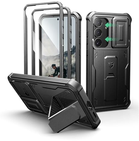 Dexnor Kompatibel mit Samsung Galaxy S25 FE Hülle mit Eingebaute Schiebekamera Abdeckung&Displayschutz&Kickstand, Schwerlast Stoßfestes Robustes Ganzkörper Stoßfänger Handyhülle - Schwarz