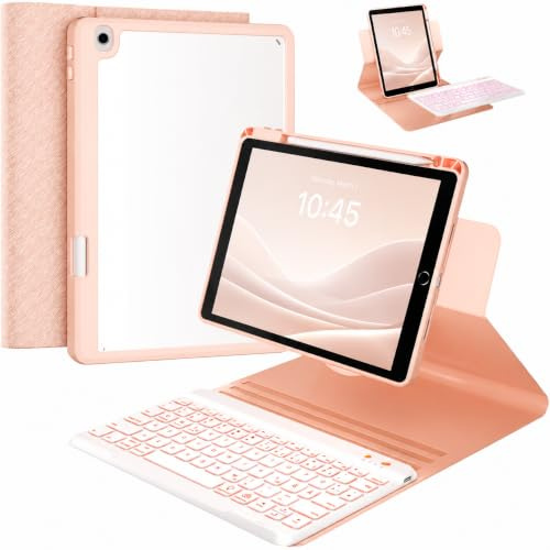 OYEEICE Funda para teclado para tablet compatible con iPad de 9/8/7 Gen 10.2 | Rotación de 360° y desmontable, dispone de un compartimento para bolígrafos, retroiluminación magnética de 7 colores