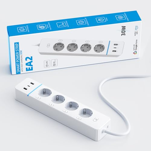 BSEED Smart Steckdosenleiste mit 3 USB (1 USB-C), WiFi 4 Fach Mehrfachsteckdose mit Überspannungsschutz und Strommessung, Steckdose mit Schalter, 1.8M Kabel, App-Steuerung, Kompatibel mit Alexa, Weiß