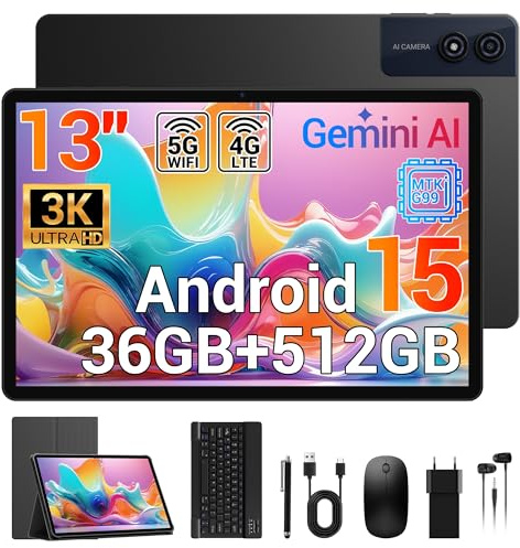 Tablet 13 Zoll, 3K Display, 36GB RAM+512GB ROM/TF 1TB, 2,2 GHz Helio G99 Octa-Core Gaming Tablet Android 15, Dual SIM 4G LTE+5G WiFi, 11580mAh/4 Lautsprecher/Gemini AI/13MP/GPS, mit Tastatur/Hülle