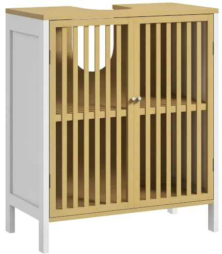 HOMCOM Meuble sous Vasque 2 Portes Bambou 60 x 30 x 70 cm Blanc et Naturel | Meuble de Salle de Bain, Étagère Réglable, Armoire de Rangement pour Lavabo