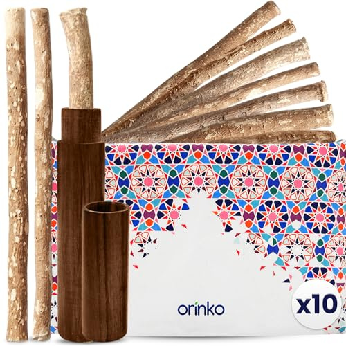 10 bastoncini di Siwak + 1 custodia in legno + 1 pochette da trasporto in cotone – Miswak spazzolino da denti naturale ecologico e vegano – cura della bocca tradizionale e sbiancamento dei denti