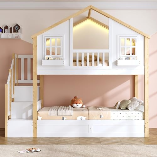 Merax Etagenbett Kinder 90x200+90x200 cm, Massivholz Hochbett mit Hydraulik Unterbett, Stauraumtreppe, LED Licht, Hausbett, Holzbett für Kinderzimmer, ohne Matratze, Weiß/Natur