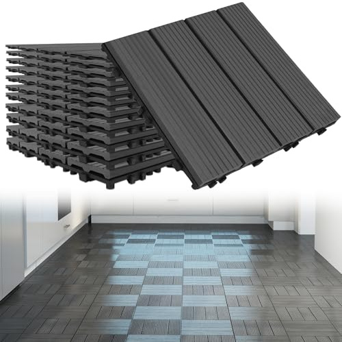Suusolny 11er Set WPC Terrassenfliesen 30x30 cm, Klickfliesen mit Holzoptik & Drainage, Wetterfeste Kunststoff Bodenfliesen für Balkon Terrasse Garten, Anthrazit
