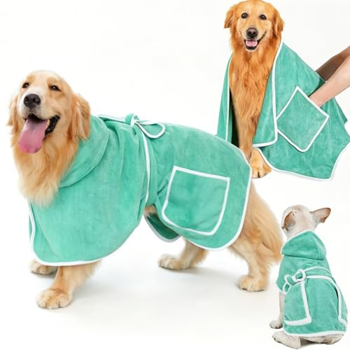 Hundebademantel Set mit Extra Großes Hundehandtuch und Aufbewahrungsbeutel, Stark Saugender Hundebademantel mit Verstellbarer Gürtel für Kleine, Mittlere und Große Hunde
