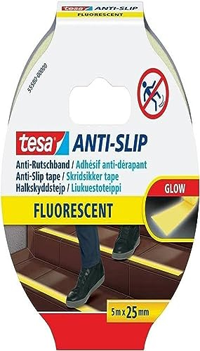 tesa Cinta Antideslizante, Cinta Adhesiva Antideslizante para Interiores y Exteriores, adecuado para Escalones, Rampas y Suelos Resbaladizos, fluorescente, 5 m x 25 mm