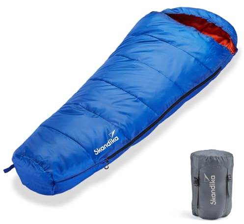 Skandika Vegas Junior Kinderschlafsack | Outdoor Camping Schlafsack für Kinder, weiches Innenfutter, kuschelig weich, wasserabweisend, Komfortbereich von 12 bis 3°C, 170 x 70 cm (blau/orange)