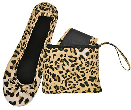 Women's Foldable Flats – Portable Ballet Slippers Shoes for Travel, Wedding – Fits in Purse (S, Yellow Leopard)