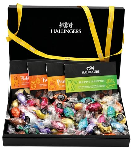 Hallingers Genuss Manufaktur Feinkost Oster-Geschenk-Set - XXL-Geschenkkorb Easter Box yellow großes Osternest 4 Schokoladen-Tafeln & 60 Pralinen-Ostereier, Ostern Körbchen für Frauen Männer