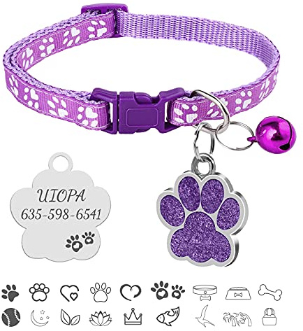 Uiopa Katzenhalsband, Hundemarke mit Gravur, Hundehalsband mit Name Katzenhalsband mit Glöckchen, Halsband Katze Katzen Halsbänder für Hauskatzen, Kleine Hund, Verstellbar 19-32cm (Lila)