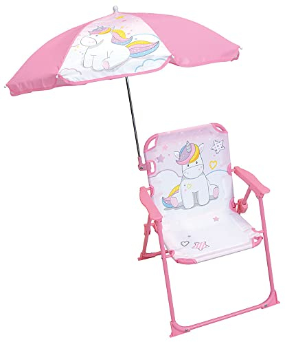 Fun House Licorne Klappstuhl für Camping, mit Sonnenschirm, Maße: H 38,5 x B 38,5 x T 37,5 cm + Sonnenschirm Ø 65 cm, für Kinder, Rosa