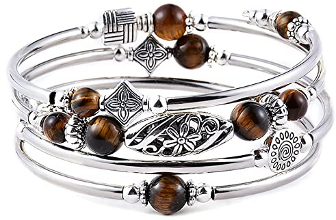 Gleamart Tiger Eye Stone Beaded Wrap Bracelet Layered Bohemian Bracelet Natural Stone Chakra Bangle for Women