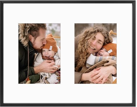 Frametory - 11x14 Aluminum Collage Picture Frame - Display 5x7 Pictures with 2 Openings Mat - Real Glass Front - Horizontal/Vertical Wall Mount - Black 1 Pack