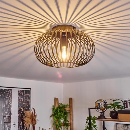 HOFSTEIN Deckenleuchte Oravi, Deckenlampe aus Metall in Schwarz/Gold, Leuchte im Industrial/Retro/Vintage-Design, Lichteffekt durch Gitter-Optik, Ø 30 cm, E27, Wohnzimmer, Esszimmer, Schlafzimmer