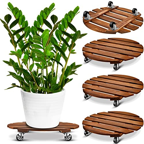 Taiyin 4 Stück 35.6 cm 99.8 kg Pflanzenbehälter Holz Rolling Pflanzenständer mit abschließbaren Lenkrollen, strapazierfähig, runde Pflanzenroller Basis für Terrasse, Blumentopf, Pflanzgefäß