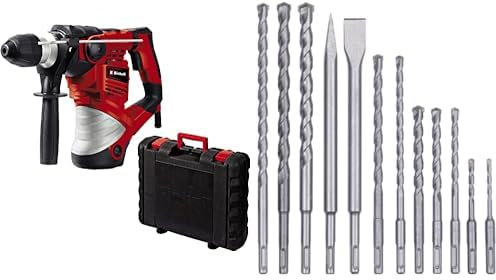 Einhell Marteau-perforateur électrique TH-RH 1600 (1600 W, Mandrin SDS Plus, Tête robuste en aluminium, Livré avec mallette) + Kit de 12 forets/burins