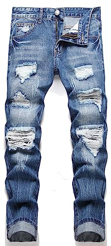 AITITIA Men's Ripped Regular Fit Jeans (40, 3001 Blue)