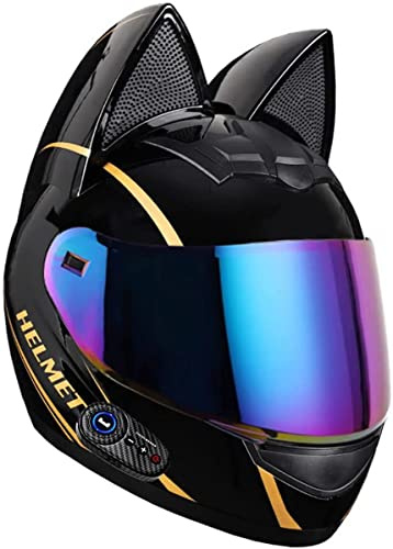 Fille Femmes Casque Intégral Moto Bluetooth Personnalité Adulte Chat Oreille Casque Moto Certifié Dot/ECE Casque Chat Oreille Modulaire Moto pour Motocross Course Vélo Rue 1,S