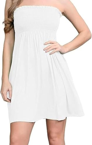 BOOM Prime Damer Sun Strapless Kort Klänning Kvinnor Sommarklänningar Casual Mini Beach Cover Up Bootubube Sheering Toppar (Vit, 36-48)
