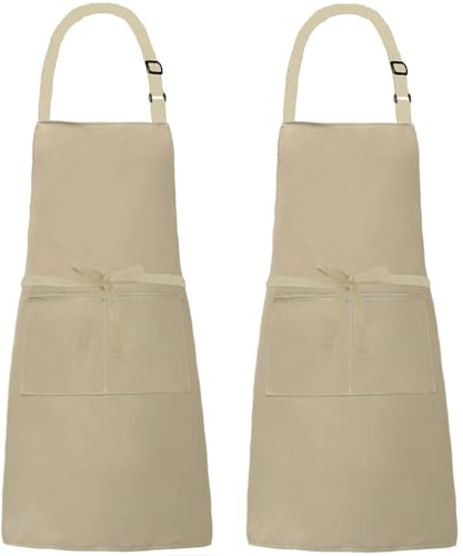 XIEJINJIA 2 Pack Canvas Water Resistant Adjustable Bib Apron with 2 Pockets Long Ties Cooking Kitchen Restaurant Chef Aprons for Women Men (Beige)