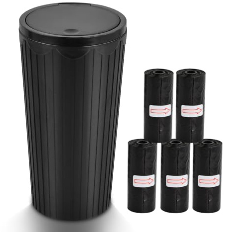 DEARBAG Mini Car Trash Can Organizer with Lid and 5 Rolls of Trash Bags, Small Automatic Portable Trash Can, Leakproof Plastic Vehicle Trash Bin, Easy to Clean, Used in Car, Home, Office (Black)