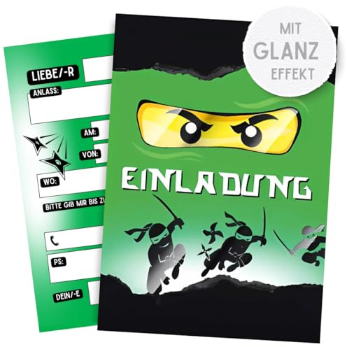 ZETTMANN® 10 Premium Einladungskarten Kindergeburtstag Junge - Karten Set mit Ninja Motiv - Einladungen Geburtstag - hochwertige Geburtstagseinladungen (Grüner Ninja)