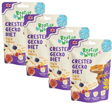 Reptile World Crested Gecko Diet - Fig & Honey 60g x 4 | Complete Food for Geckos, All Natural, Over 65% Real Fruit, Made in the UK