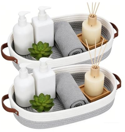 LWLWA Aufbewahrungskorb Bad, Baumwollseil Körbe Aufbewahrung, 2 Stück | 33 x 15 x 10 cm Geflochtener Korb, Multifunktional Aufbewahrungskorb Geflochten Hellgrau, für Badezimmer, Schlafzimmer