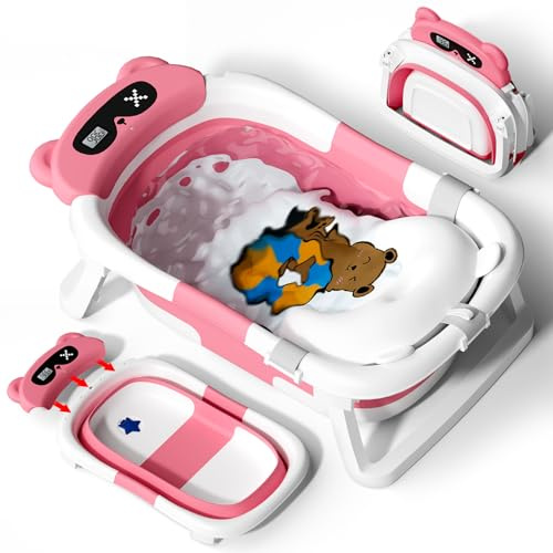 AVIDOR Baby Bathtub,Collapsible Bathtub for Newborn to Toddler,Durable Essential Infant Bath Tub,Portable Travel Baby Tub with Soft Cushion,No-Slip Hanging and Detachable(Rose Pink)