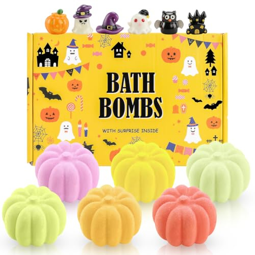 Halloween Bath Bomb Gift Set with Surprise Toys Inside | 6 Pumpkin Bath Bombs, Bath Salt Formula, Colourful Fizzing Foam, Scented Bath Experience, Halloween Bath Time Activities