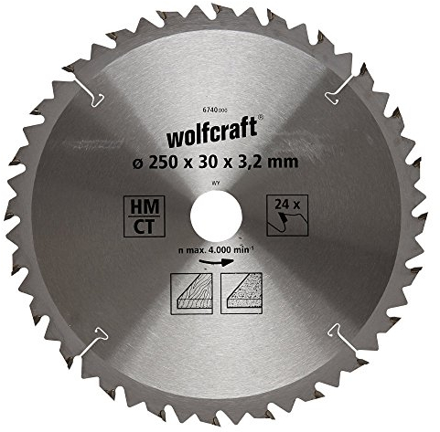 wolfcraft Tischkreissägeblatt HM - 6740000 - Ø 250 mm, 24 Zähne - schnelle, grobe Arbeiten an Holz und Spanplatten - Längs- und Querschnitte - Wechselzahn