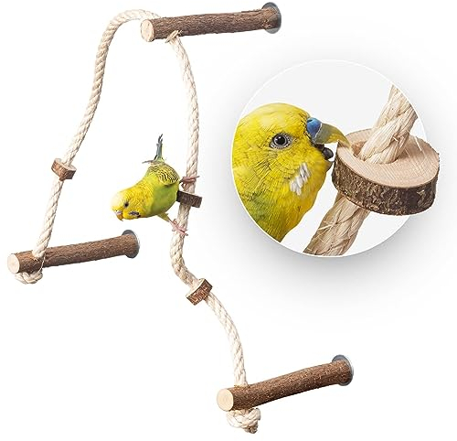 Vogelgaleria® Aufregendes Sitzseil BZW. Kletterseil mit 3 leckeren, verschiebbaren Naturholz Sitzstangen für Wellensittich, Nymphensittich & Co. für Vogelkäfig