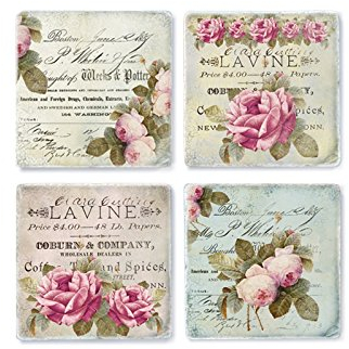 4 Stück Shabby Vintage Glasuntersetzer aus Marmor im Shabby CHIC Flora Untersetzer für Gläser, Flaschen und Tischdeko